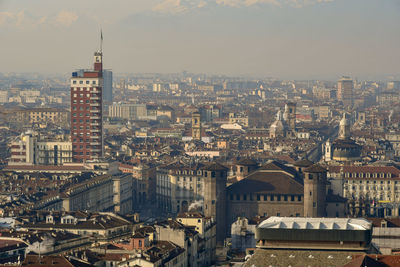 High angle view of buildings in city