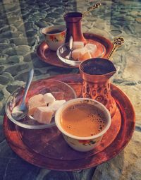 High angle view of coffee on table