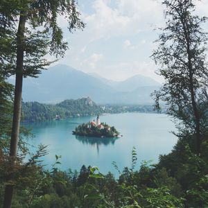 Scenic view of lake by trees against sky