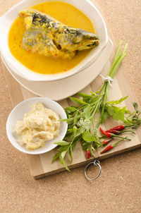 High angle view of food in plate on table