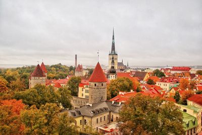 High angle view of bell tower in town