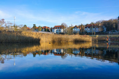Scenic view of lake by buildings against blue sky
