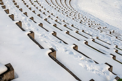 High angle view of snow covered field