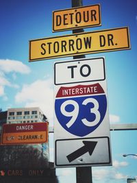 Close-up of road sign against sky