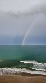 Scenic view of rainbow over sea against sky