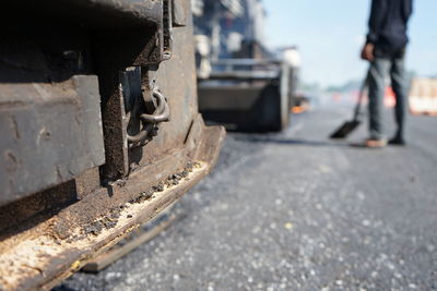 Low section of railroad tracks on city street