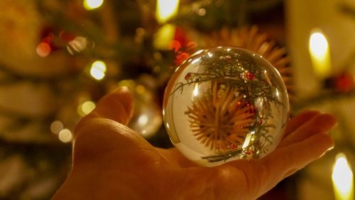 Close-up of hand holding christmas tree at night