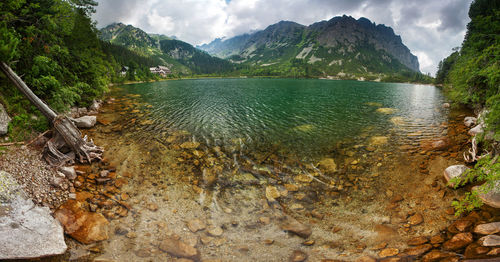 Scenic view of lake and mountains against sky