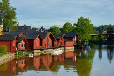 Houses by lake against sky