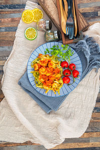 High angle view of meal served on table