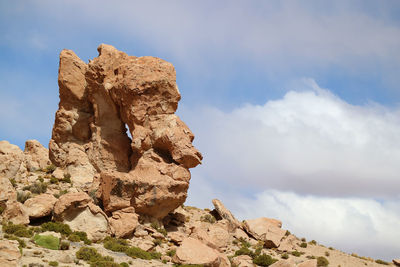 Low angle view of rock formation against sky