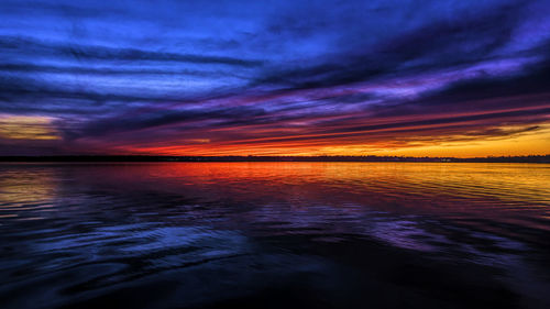 Scenic view of sea against dramatic sky during sunset