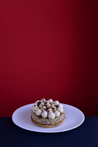 High angle view of cake in plate on table