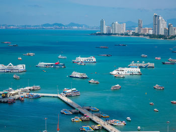 High angle view of boats in sea