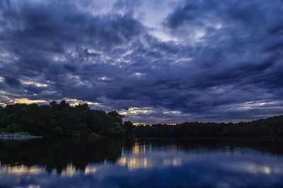 Scenic view of lake against sky at sunset
