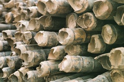 Full frame shot of stack of firewood in forest