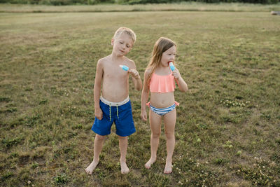 Brother and sister eat popsicles wearing swimsuits in grass in summer