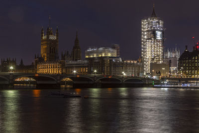 Illuminated city buildings at night