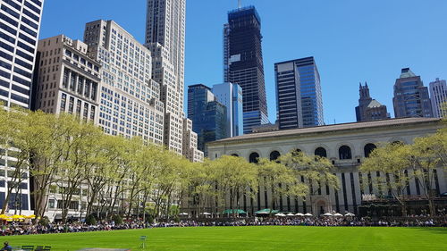 View of modern buildings against clear sky