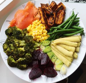 High angle view of food in plate