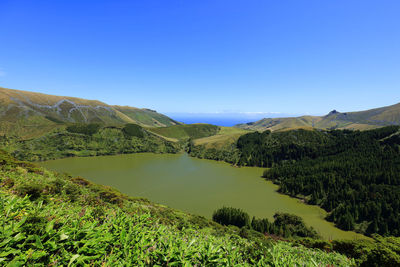 Scenic view of lake and mountains against clear blue sky