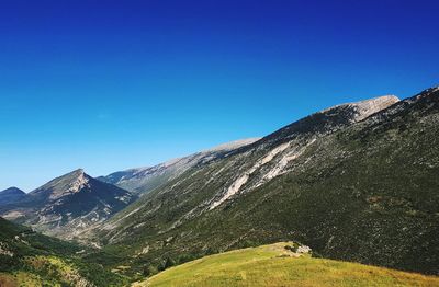 Scenic view of mountains against clear blue sky