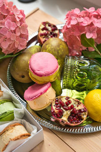High angle view of strawberries in plate on table