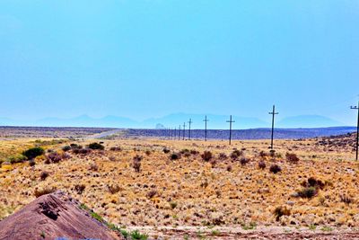 Scenic view of desert against clear blue sky