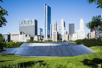 Modern cityscape against clear sky