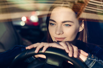 Nice young lady happy car. image beautiful young woman who drives car