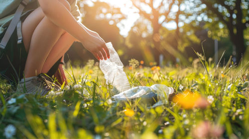 Low section of woman picking plants on field