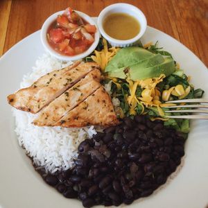 High angle view of mexican food served in plate on table