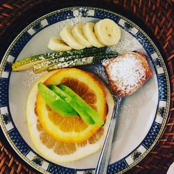 High angle view of breakfast served on table