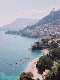 High angle view of bay against sky