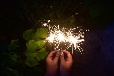 Person hand holding firework display at night