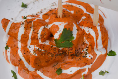 High angle view of meal served on table