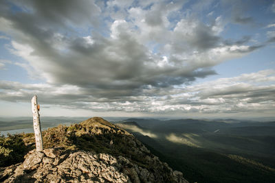 Summit sign on west peak, appalachian trail, bigelow mountain, maine