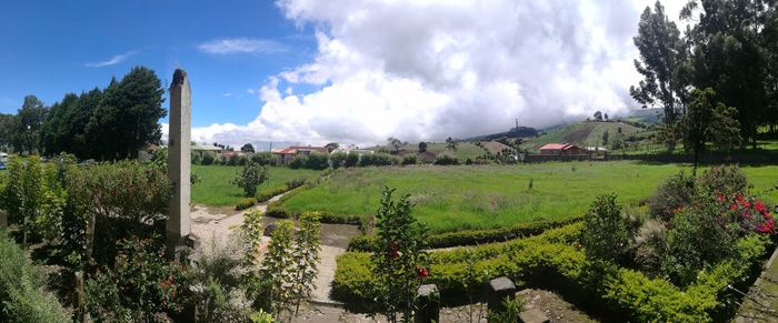 Panoramic view of agricultural field against sky