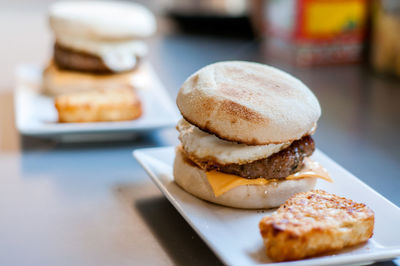 Close-up of burger on table