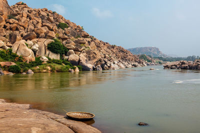 Wickerwork coracle boat in hampi, karnataka, india