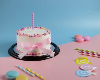 Close-up of birthday cake on table