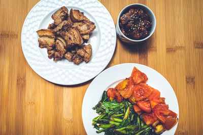 High angle view of food served on table