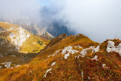 Scenic view of snowcapped mountains against sky