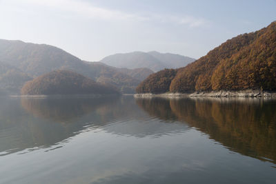 Scenic view of lake and mountains against sky