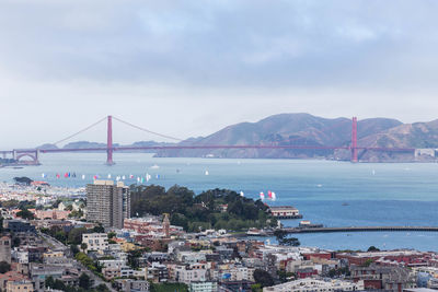 View of suspension bridge over sea