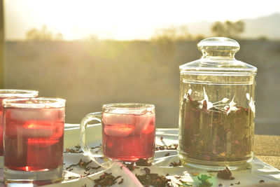 Close-up of drink in glass jar on table