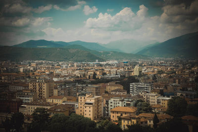 High angle shot of townscape against sky