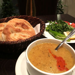 Close-up of soup in bowl on table