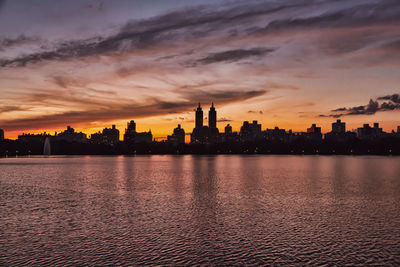 Central park reservoir at sunset