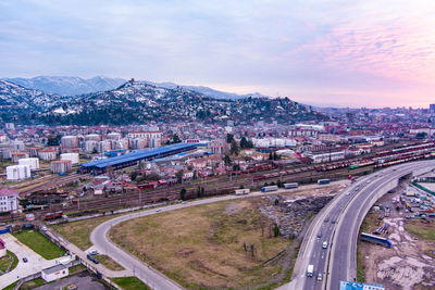 High angle view of city street against sky